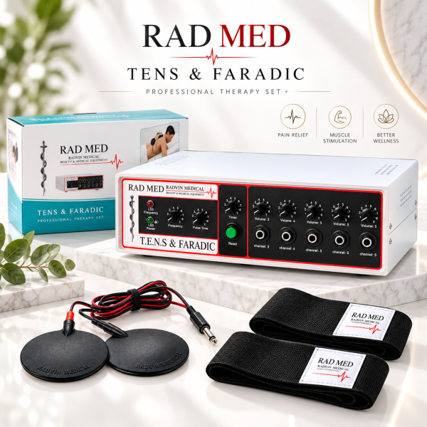 دستگاه فیزیوتراپی خانگی RADMED تنس و فارادیک دستگاه فیزیوتراپی خانگی تنس و فارادیک RADMED دو کاناله 4 پد