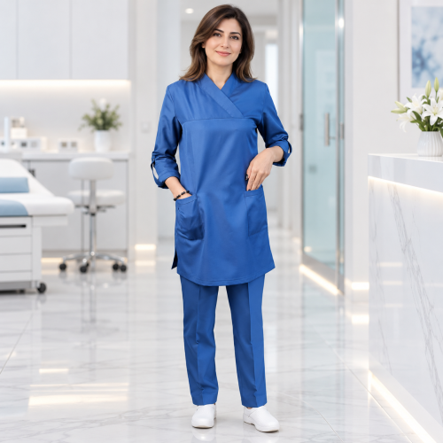 اسکراب پزشکی زنانه ترنج | پارچه سیترون | آبی و صدری | سایز S تا XXL – حلقه آستین جذب