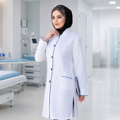 روپوش پزشکی زنانه مدل دلارام با طراحی شیک و ظاهر حرفه‌ای مناسب مطب