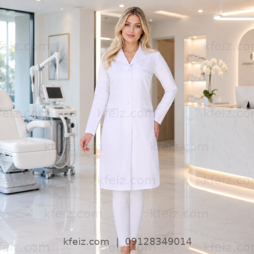 روپوش پزشکی زنانه مدل لادن با طراحی شیک و چاک پشت مناسب کلینیک و مطب