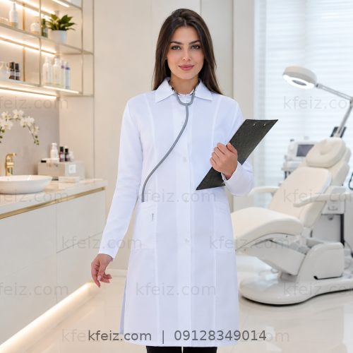 روپوش پزشکی زنانه مدل روناک با طراحی شیک و ظاهر حرفه‌ای مناسب مطب