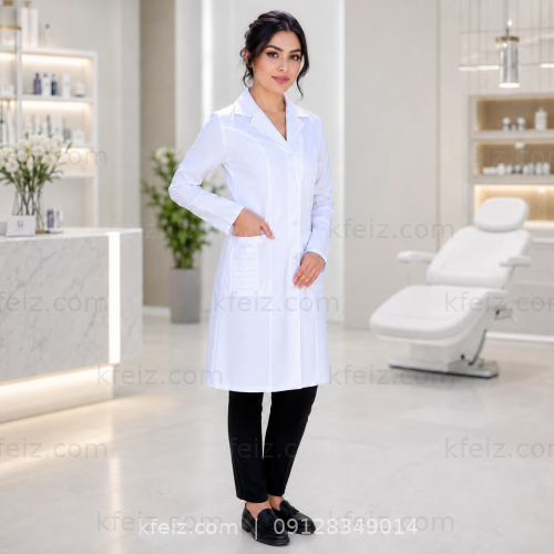 روپوش پزشکی زنانه مدل نگین با طراحی شیک و ظاهر حرفه‌ای مناسب مطب
