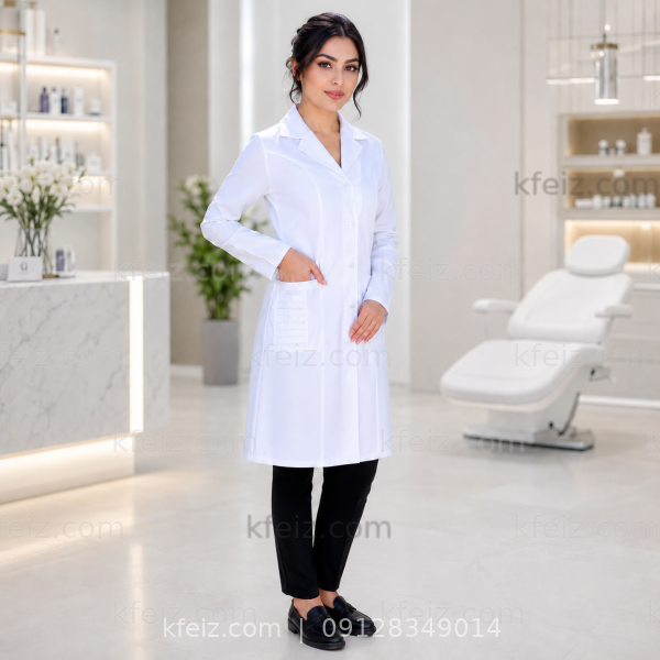 روپوش پزشکی زنانه مدل نگین با طراحی شیک و ظاهر حرفه‌ای مناسب مطب