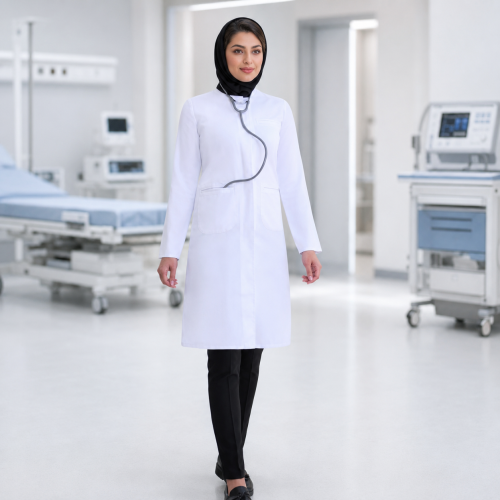 روپوش پزشکی زنانه مدل گلسا با طراحی شیک و ظاهر حرفهای مناسب مطب و کلینیک روپوش پزشکی زنانه مدل گلسا با طراحی شیک و ظاهر حرفهای مناسب مطب و کلینیک