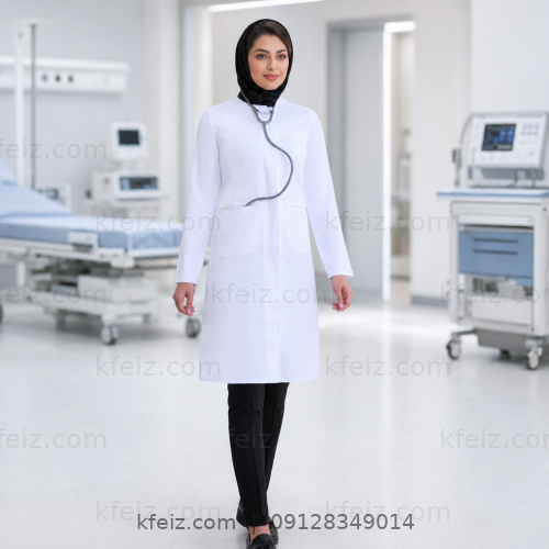 روپوش پزشکی زنانه مدل گلسا با طراحی شیک و ظاهر حرفه‌ای مناسب مطب و کلینیک