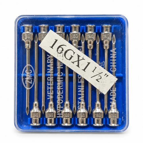 سرسوزن فلزی دامپزشکی ZMC سایز 16G طول 1.5 اینچ داخل بسته‌بندی پلاستیکی آبی با درپوش شفاف