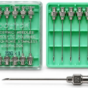 سرسوزن فلزی دکتر DOCTOR سایز 22G طول 1 اینچ با اتصال لوئرلاک، بسته 12 عددی در محفظه پلاستیکی سبز با درپوش شفاف