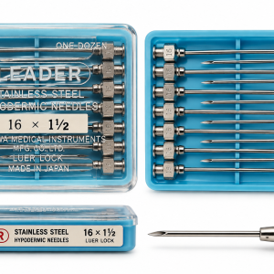 سرسوزن فلزی لیدر LEADER سایز 16G طول 1.5 اینچ با اتصال لوئرلاک و بدنه استیل ضدزنگ در بسته‌بندی پلاستیکی آبی 12 عددی