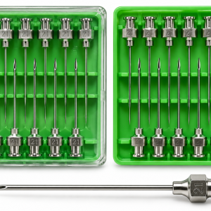 سرسوزن فلزی دکتر DOCTOR سایز 21G با اتصال لوئرلاک و بدنه استیل ضدزنگ در بسته‌بندی 12 عددی پلاستیکی سبزرنگ با درپوش شفاف