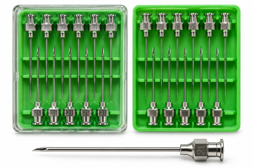 سرسوزن فلزی دکتر DOCTOR سایز 21G با اتصال لوئرلاک و بدنه استیل ضدزنگ در بسته‌بندی 12 عددی پلاستیکی سبزرنگ با درپوش شفاف