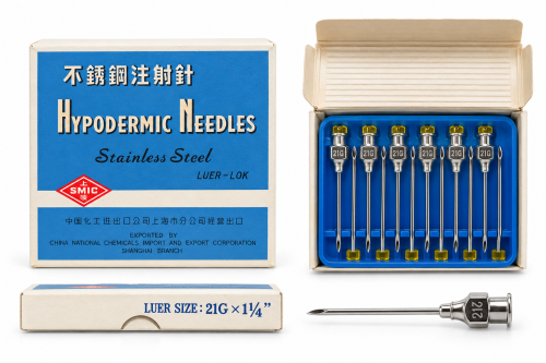 سرسوزن فلزی SMIC سایز 21G طول 1¼ اینچ با اتصال لوئرلاک و جعبه آبی و سفید