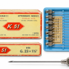 سرسوزن فلزی K51 سایز 23G طول 1.5 اینچ با بدنه استیل ضدزنگ در محفظه پلاستیکی آبی و جعبه کرم و قرمز